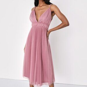 Lulus Sweet Goddess Mauve Mesh Pleated Sleeveless Midi Dress Pink - Size XS